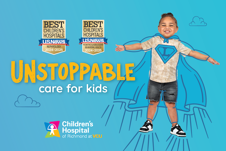 Child dressed as a super hero with the word Unstoppable