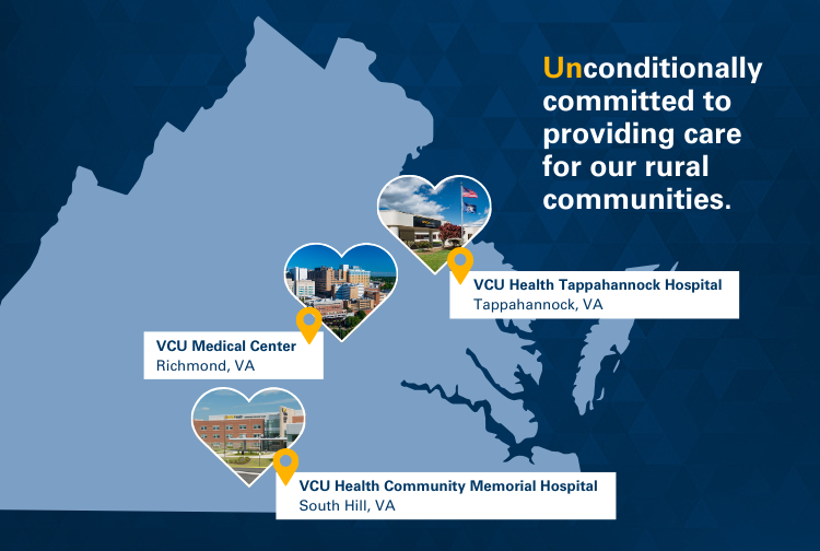 Map of Virginia with hearts over the locations of VCU Medical Center, VCU Health Tappahannock Hospital and VCU Health Community Memorial Hospital.
