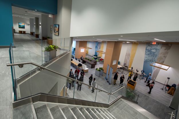 From stairwell, looking down at people in atrium