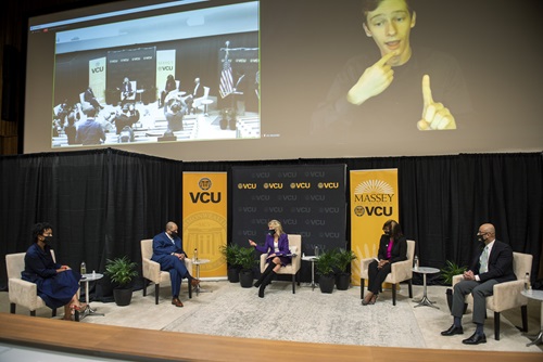 Panelists spoke with First lady Jill Biden, Ed.D., about racial disparities in health outcomes, particularly those associated with cancer, and efforts to address them. (Kevin Morley, University Marketing)
