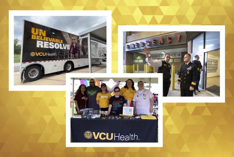 Collage including a big tractor trailer, people behind a table at a festival and two men standing outside the hospital