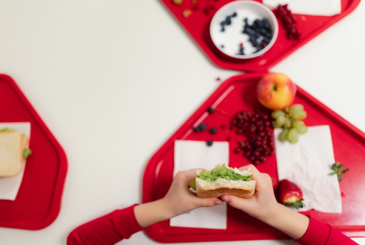 hands holding a sandwich at a cafeteria table