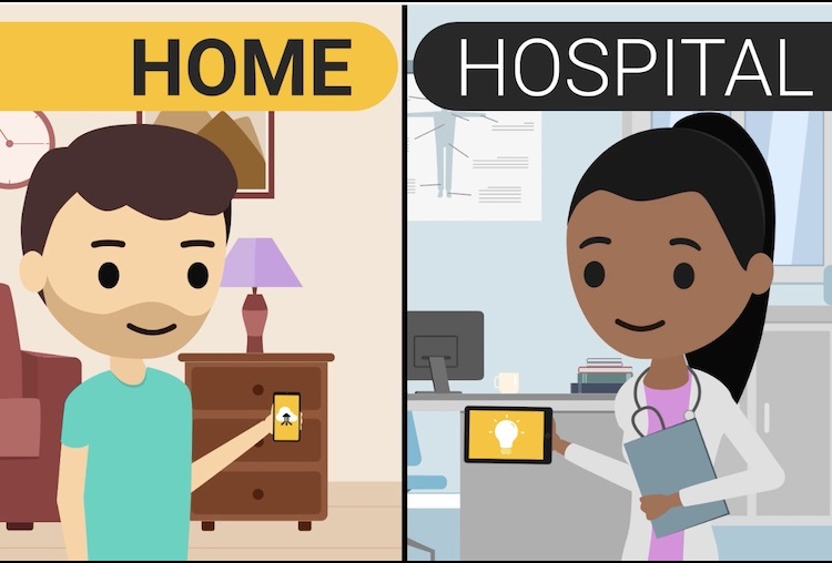 Graphic showing a doctor and patient speaking to each other virtually to demonstrate how VCU Health Home Hospital work